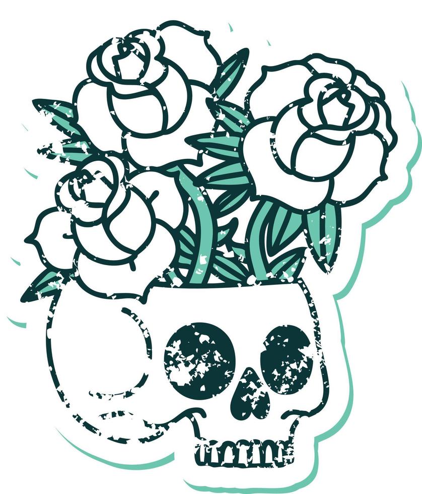 icónica imagen angustiada de estilo tatuaje de una calavera y rosas vector