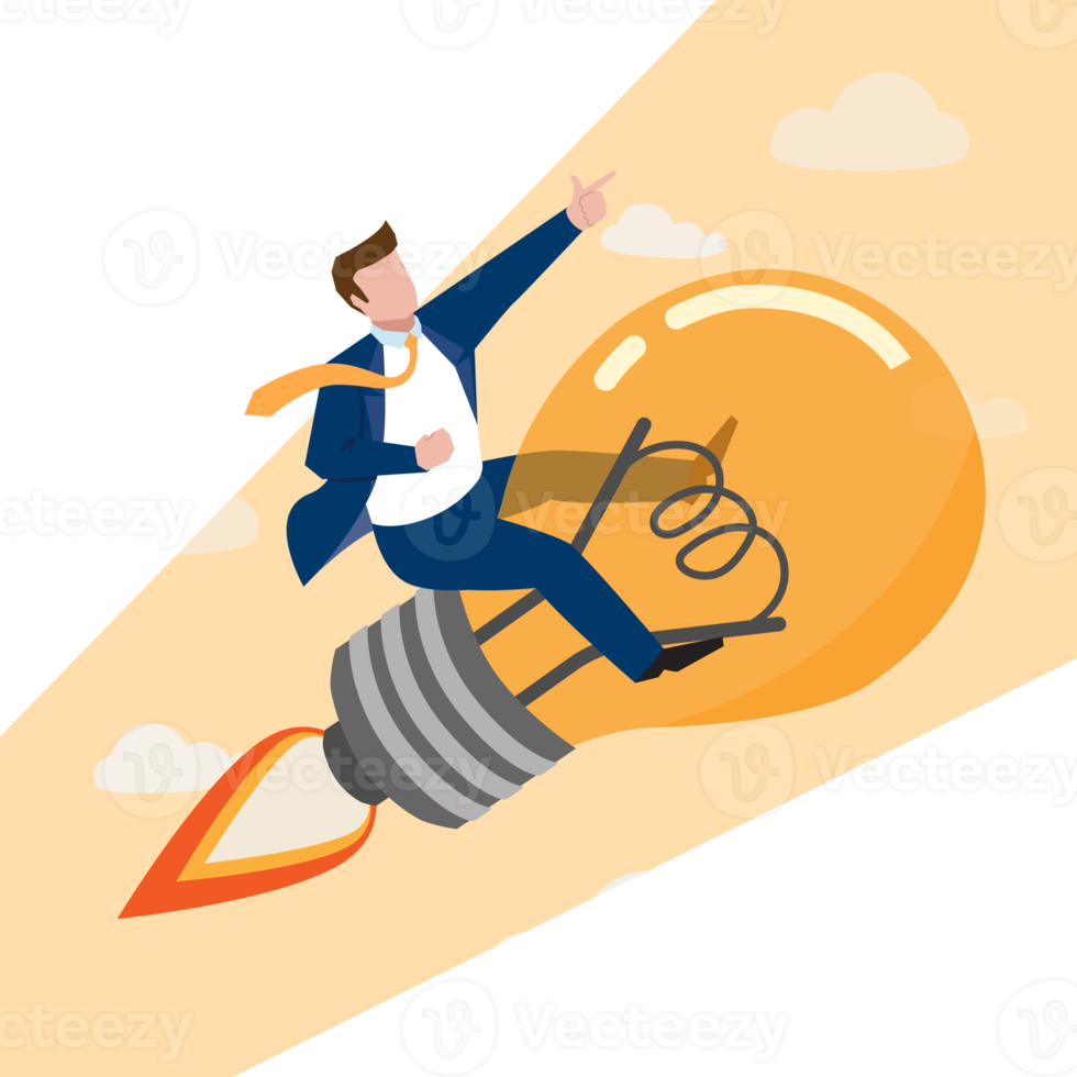 Creative new idea, innovation start up business or inspiration to achieve success goal concept, happy smart businessman leader riding flying bright lightbulb lamp with rocket booster in the cloud sky. png