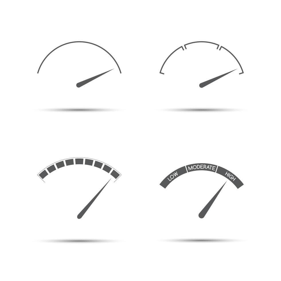 conjunto de cuatro tacómetros vectoriales simples: bajo, moderado, alto. icono de velocímetro, símbolo de medición de rendimiento aislado sobre fondo blanco vector