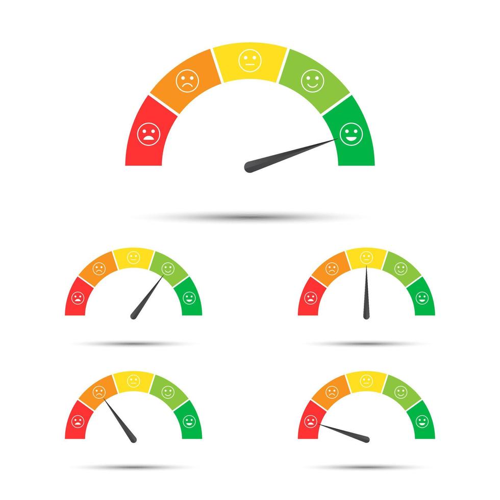 ilustración vectorial de la calificación del medidor de satisfacción del cliente, diferentes colores de rojo a verde con sonrisas de colores, tacómetros simples, velocímetros e indicadores con emoticonos vector