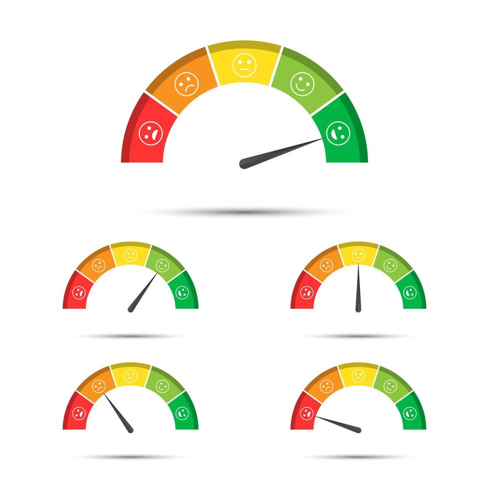 ilustración vectorial de la calificación del medidor de satisfacción del cliente, diferentes colores de rojo a verde con sonrisas de colores, tacómetros simples, velocímetros e indicadores con emoticonos vector