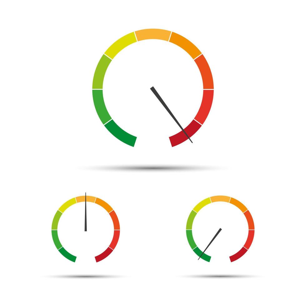 conjunto de tacómetros vectoriales simples con indicadores en parte roja, amarilla y verde, icono de velocímetro, símbolo de medición de rendimiento aislado en fondo blanco vector