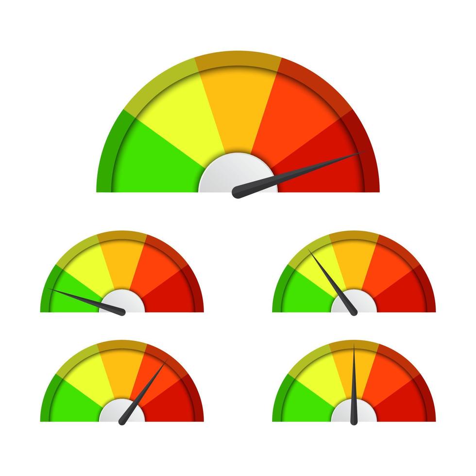 conjunto de tacómetros vectoriales simples con indicadores en parte roja, amarilla y verde, icono de velocímetro, símbolo de medición de rendimiento aislado en fondo blanco vector