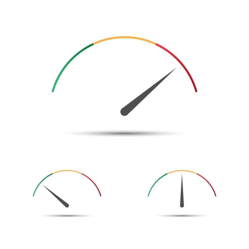Set of simple vector speedometers with indicator in green, yellow and red part. Tachometer icons. Performance measurement symbol