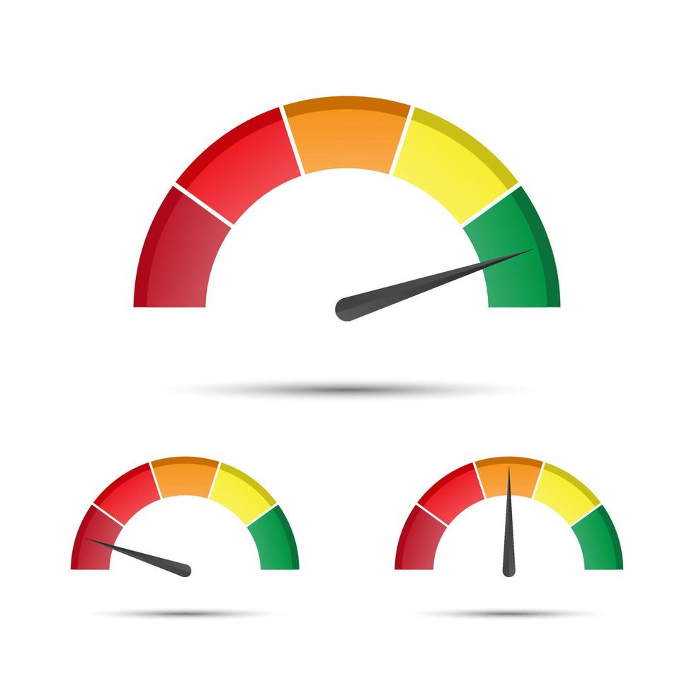 Set of color vector tachometers, flowmeter with indicator in green, orange and red part, speedometer and performance measurement icon, illustration for your web page, infographic, apps and leaflet