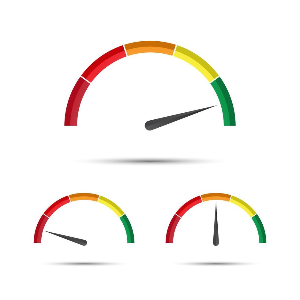 Set of simple vector tachometers with indicator in green, yellow and red part, speedometer icon, performance measurement symbol isolated on a white background