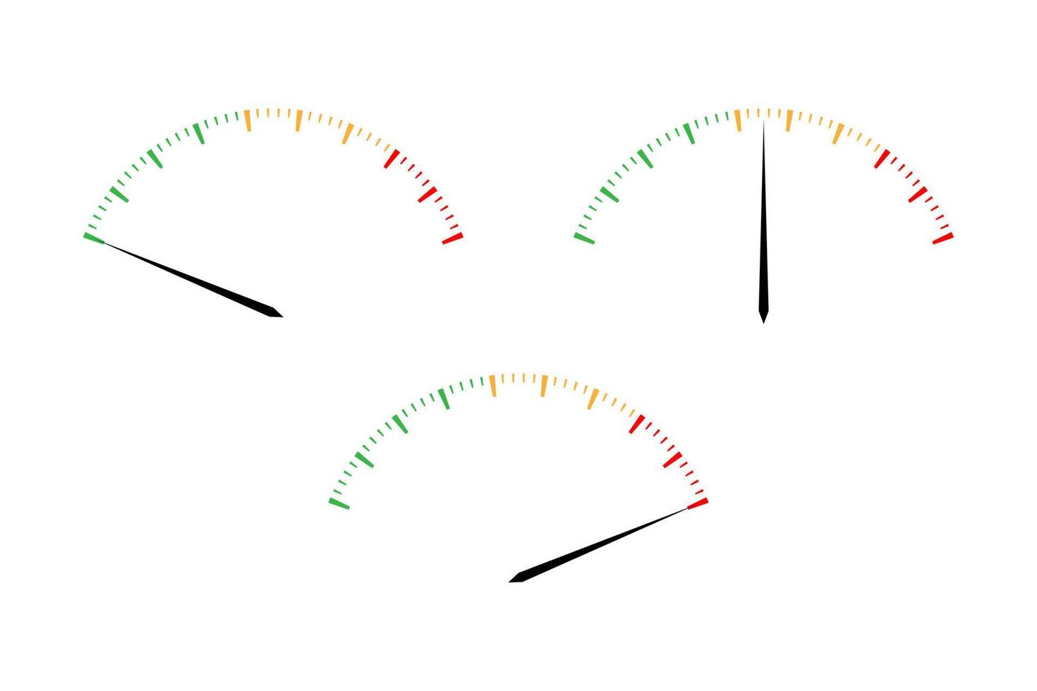 Set of simple vector tachometers with indicators in red, yellow and green part,  speedometer icon, performance measurement symbol isolated on white background
