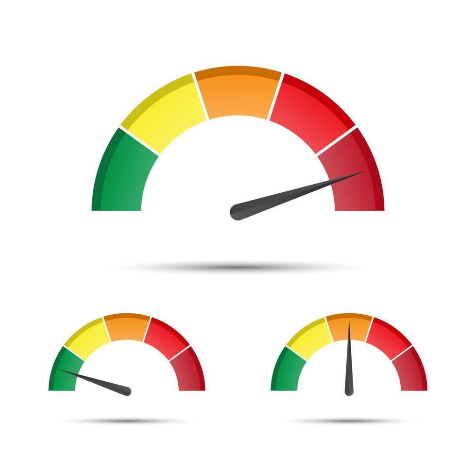 conjunto de tacómetros vectoriales de color, caudalímetro con indicador en parte verde, naranja y roja, velocímetro e icono de medición de rendimiento, ilustración para su página web, infografía, aplicaciones y folleto vector