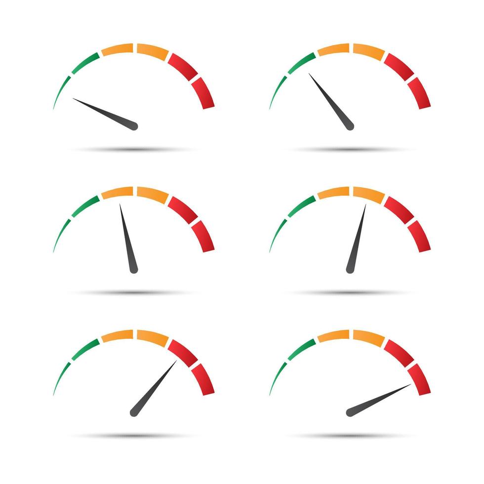 Set of color vector speedometers with indicator in green, orange and red part. Speedometer and performance measurement icons. Illustration for your web page, infographic, apps and leaflet