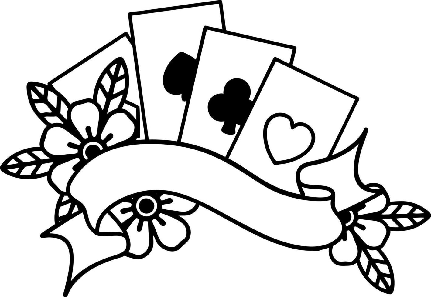 black line tattoo of cards and banner vector