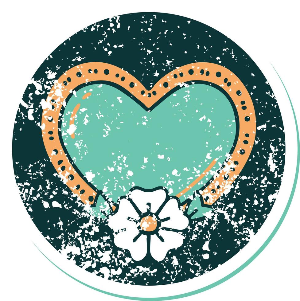 icono de estilo de tatuaje de pegatina angustiado de un corazón y una flor vector