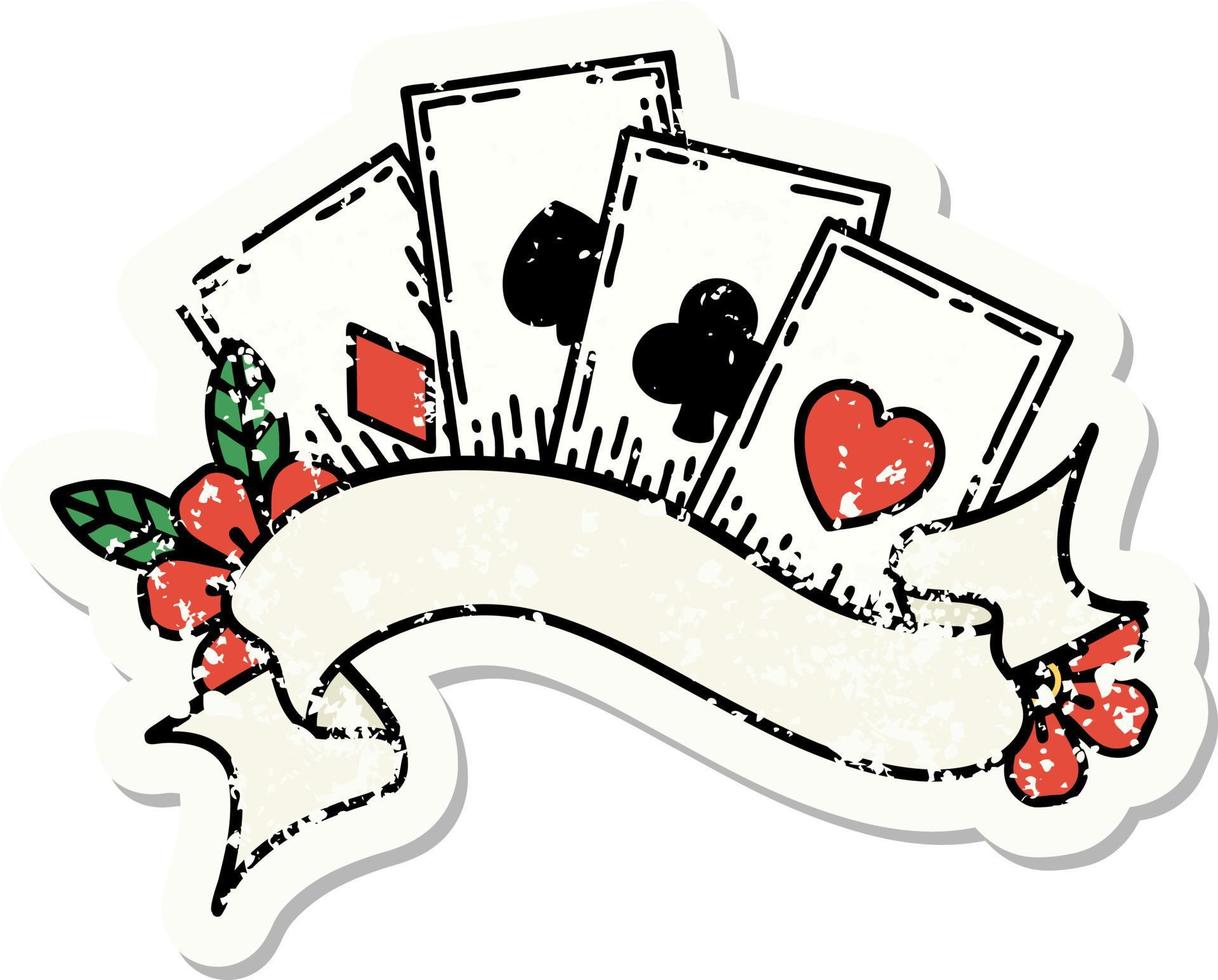 traditional distressed sticker tattoo of cards and banner vector