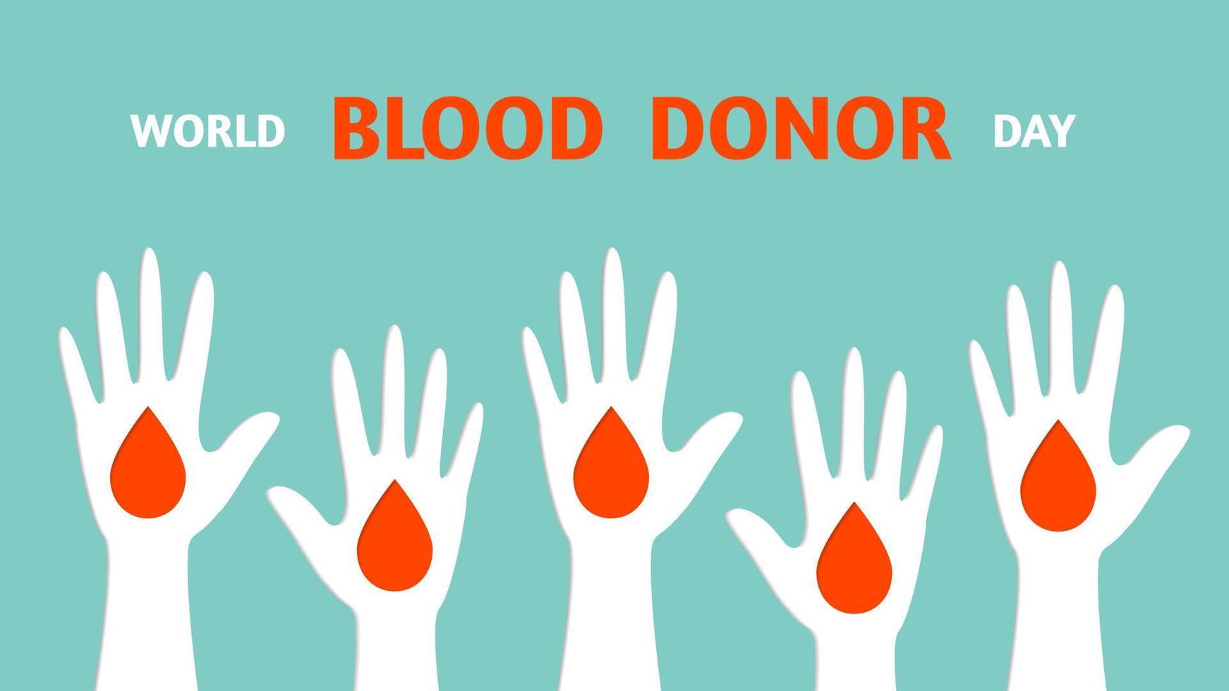 World blood donor day, human hand is raised in front, drop of blood, banner in cut paper style. Volunteering concept. Vector stock illustration.