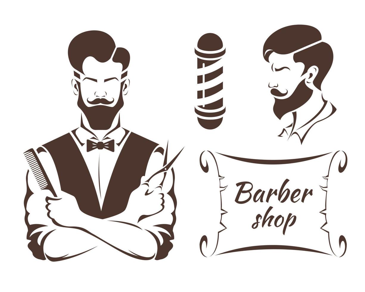 Male hairdresser, barbershop set in simple retro style isolated on white background. Vector stock illustration.