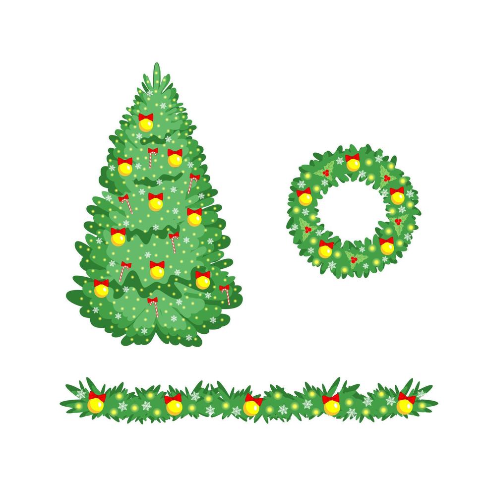 conjunto de corona festiva del árbol de navidad y guirnaldas aisladas sobre fondo blanco. ilustración vectorial de acciones. vector