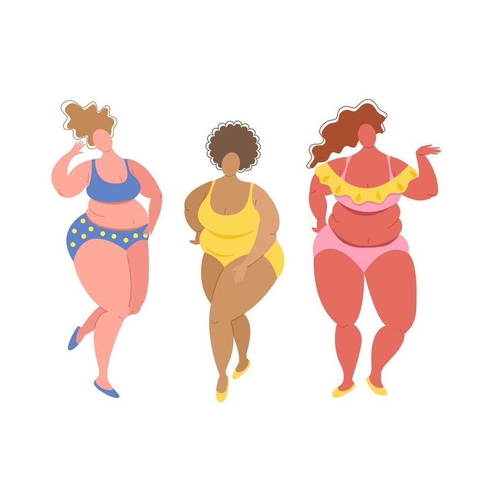 Set of women in plus size swimwear of different races isolated on white background. Positive body concept, love your body. Vector stock illustration in flat style.