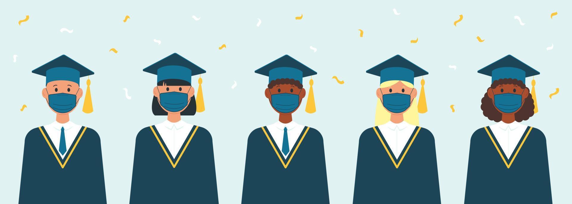 University and college graduates in medical protective masks, confetti. Graduation concept during coronavirus pandemic. Vector stock illustration.