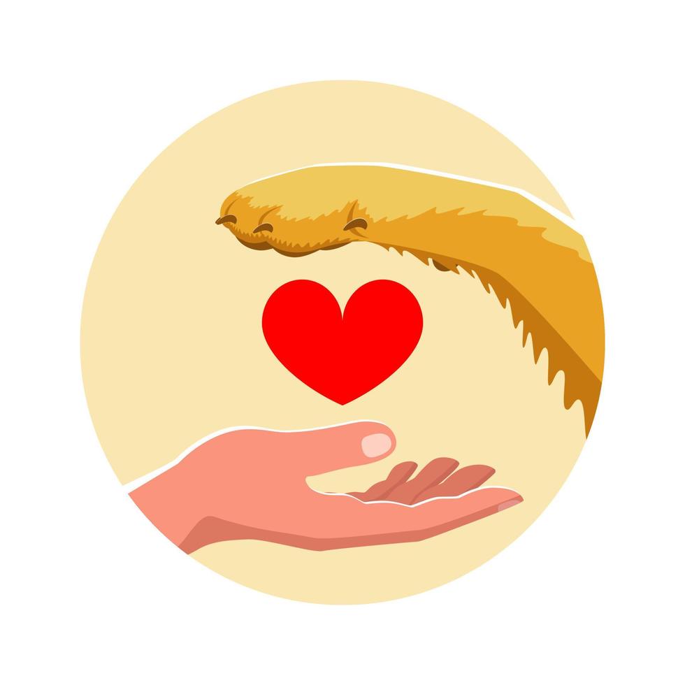 Human hand, heart and paw of a dog. The concept of animal care, pet supplies, training and handling. Vector stock illustration.