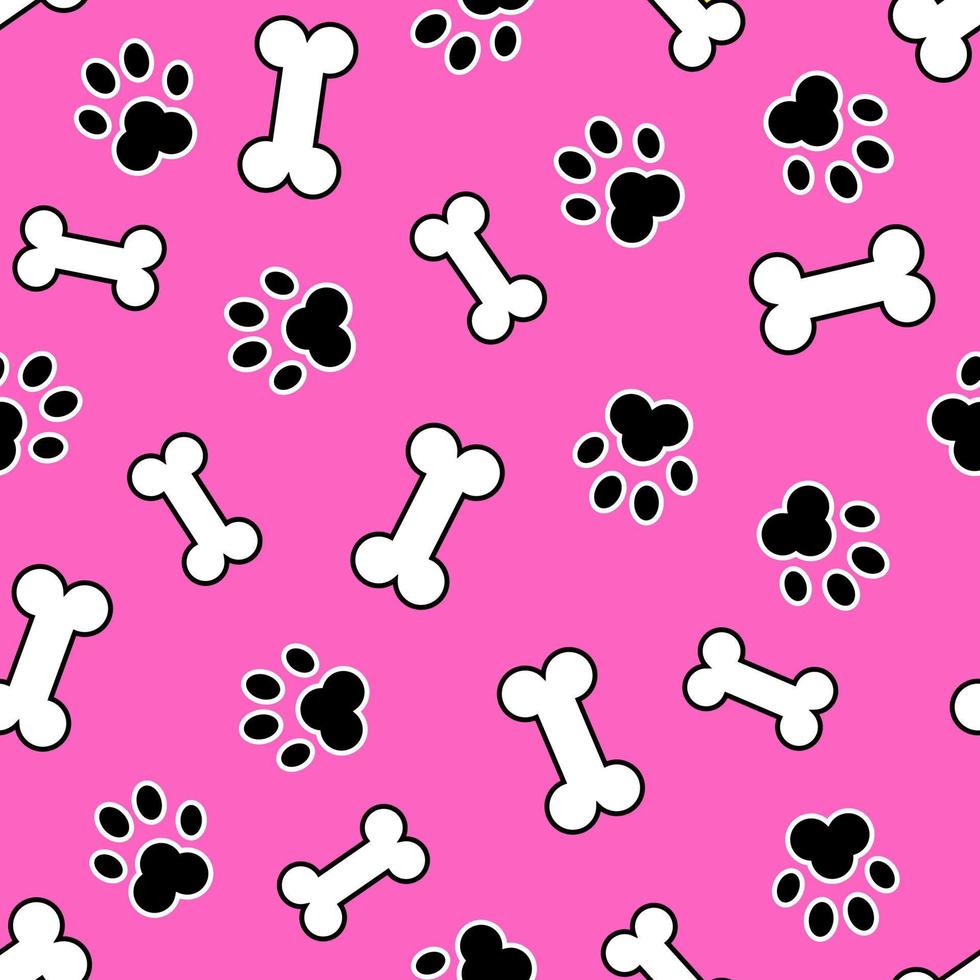 Black footprints of a dog and bone on a pink background seamless pattern. Design for pet supplies, fabric, packaging, paper. Vector stock illustration.