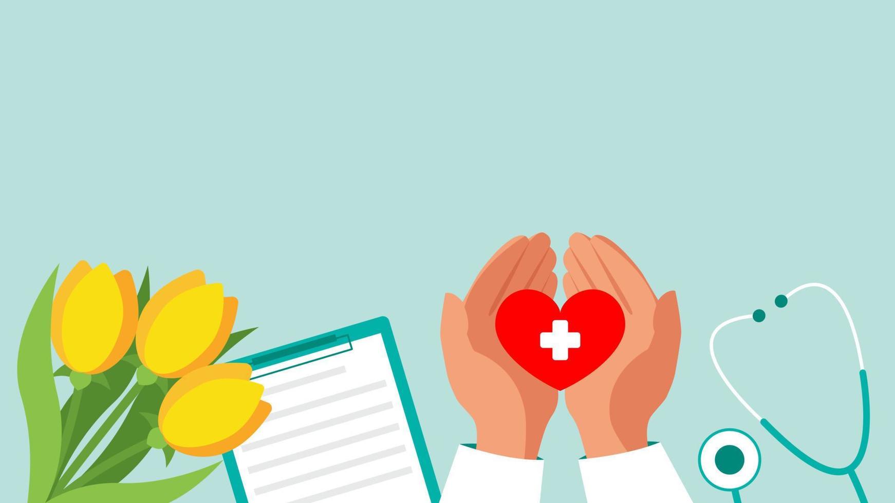 las manos de un médico o una enfermera sostienen un corazón, flores, un estetoscopio y una tableta. banner con espacio de copia. ilustración vectorial de acciones. vector