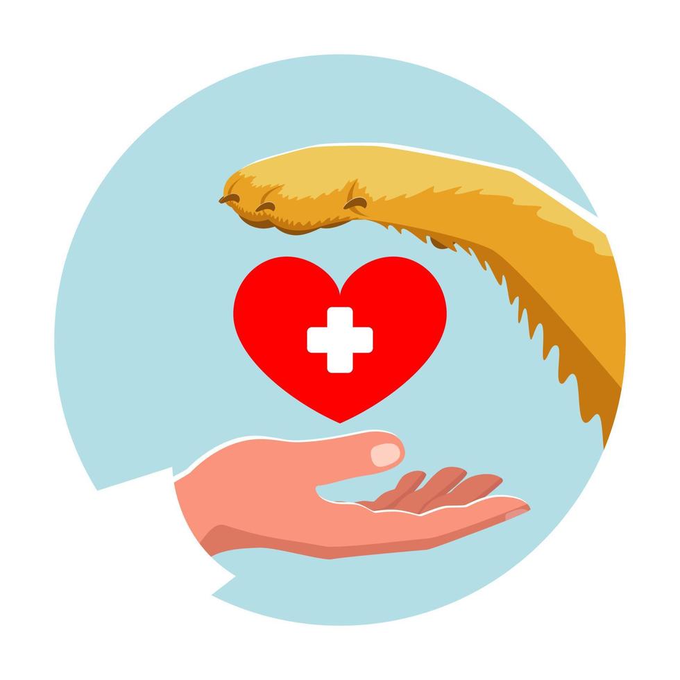 Veterinarian hand dog paw and heart in a circle. The concept of veterinary medicine, love and care for animals. Vector stock illustration.