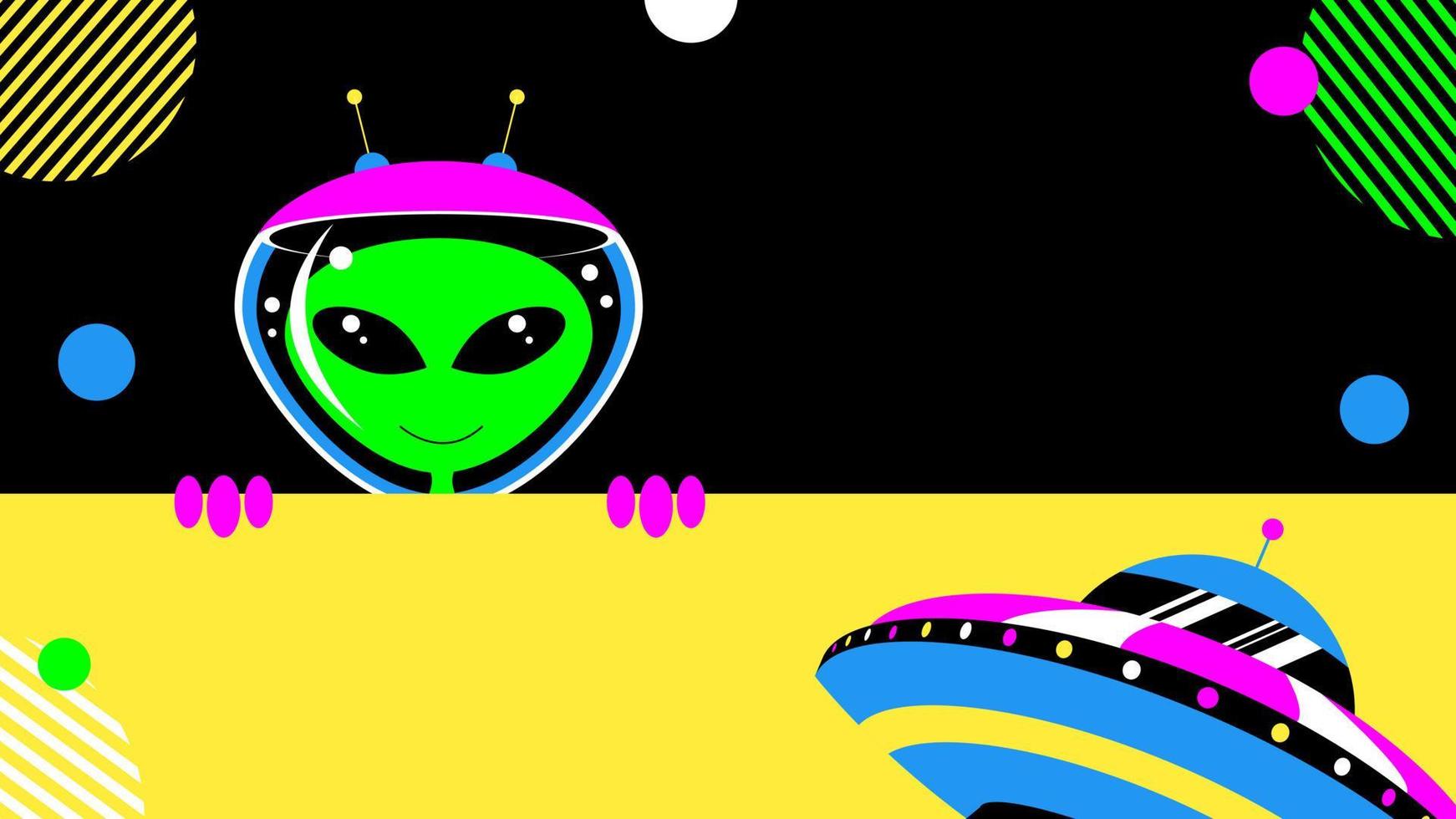 Alien and spacecraft banner with copy space. World UFO Day. Vector stock illustration.