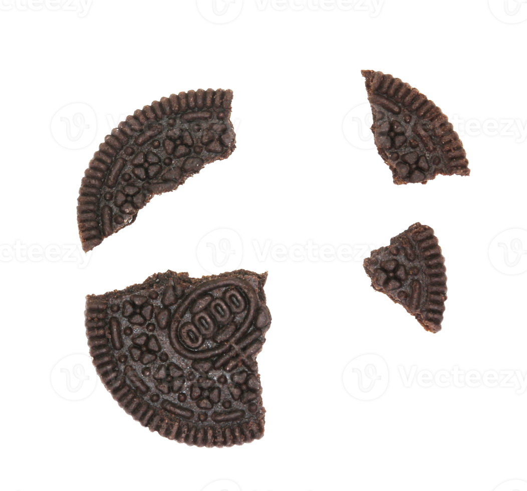 Sandwich chocolate cookies with a sweet cream with crumbs isolated on transparent background png file