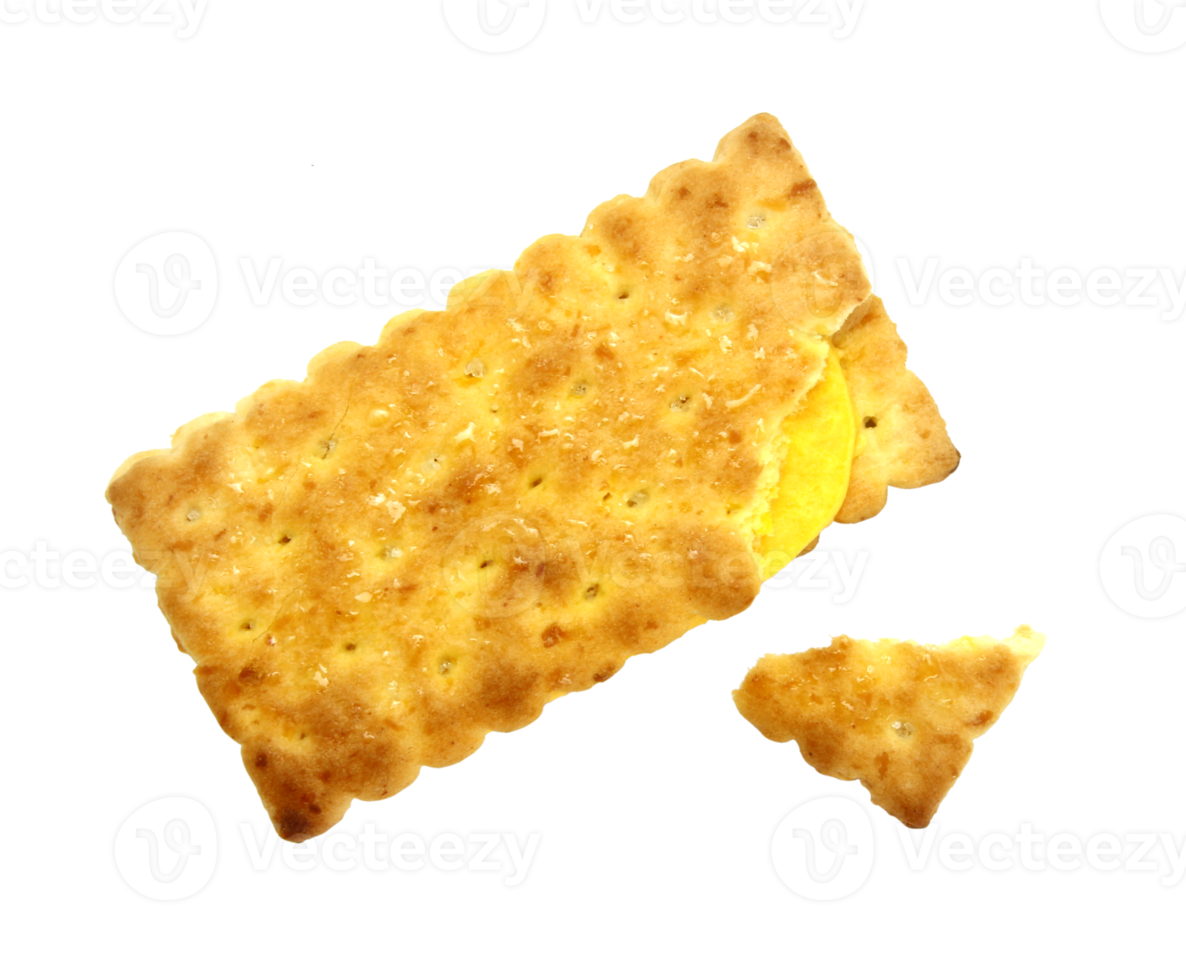 whole wheat sandwich cracker with cream and broken crushed on transparent background , top view png file