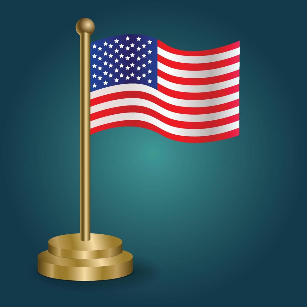 America national flag on golden pole on gradation isolated dark background. table flag, vector illustration