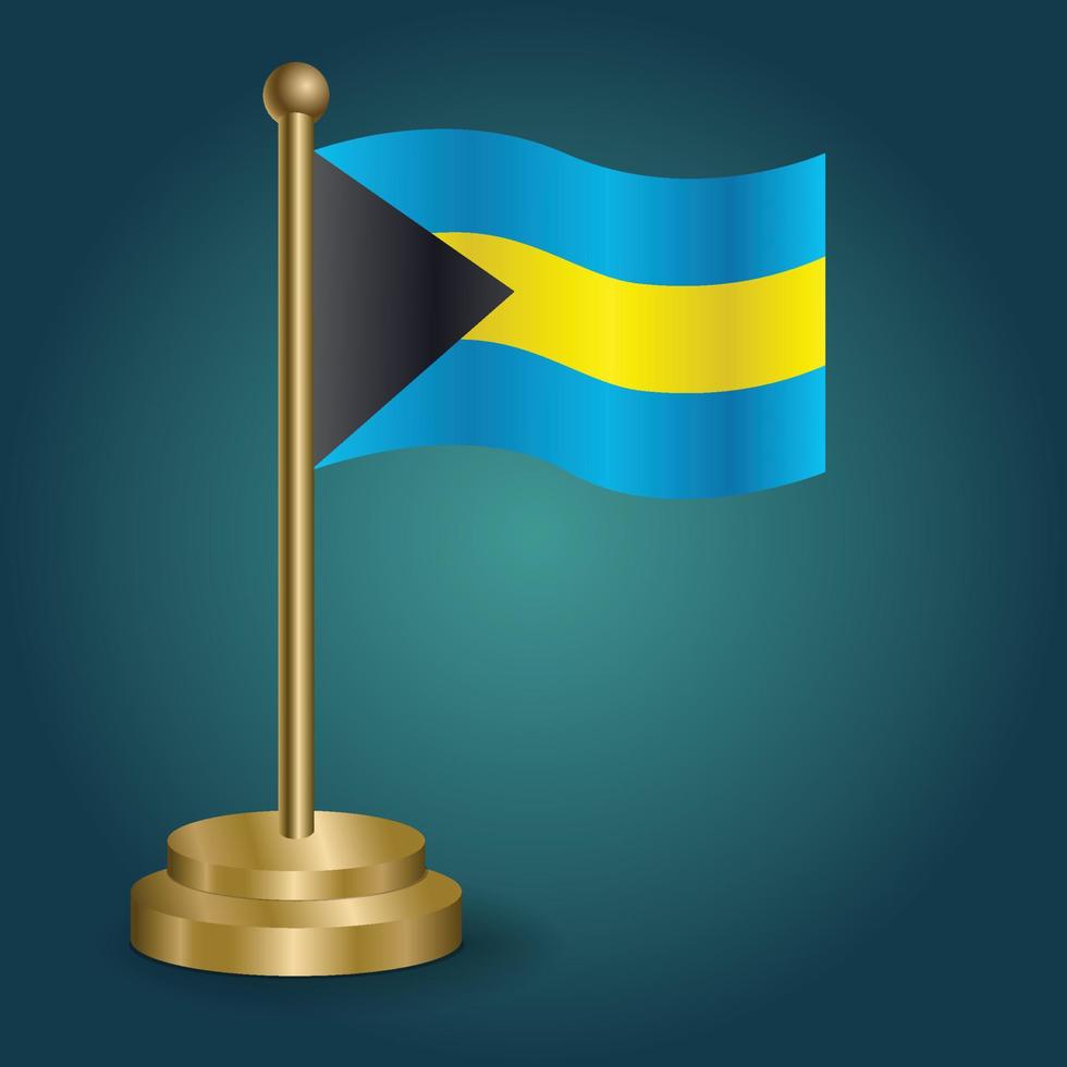 Bahamas national flag on golden pole on gradation isolated dark background. table flag, vector illustration