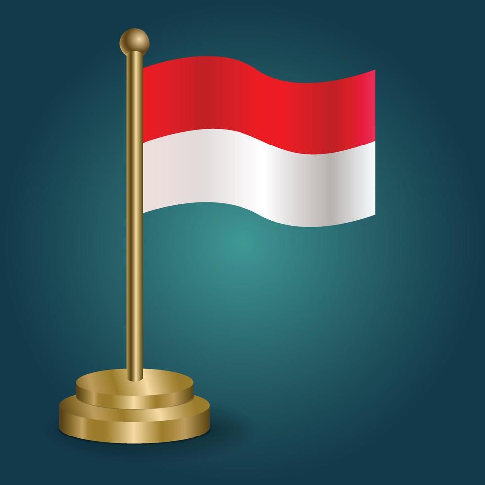Indonesia national flag on golden pole on gradation isolated dark background. table flag, vector illustration