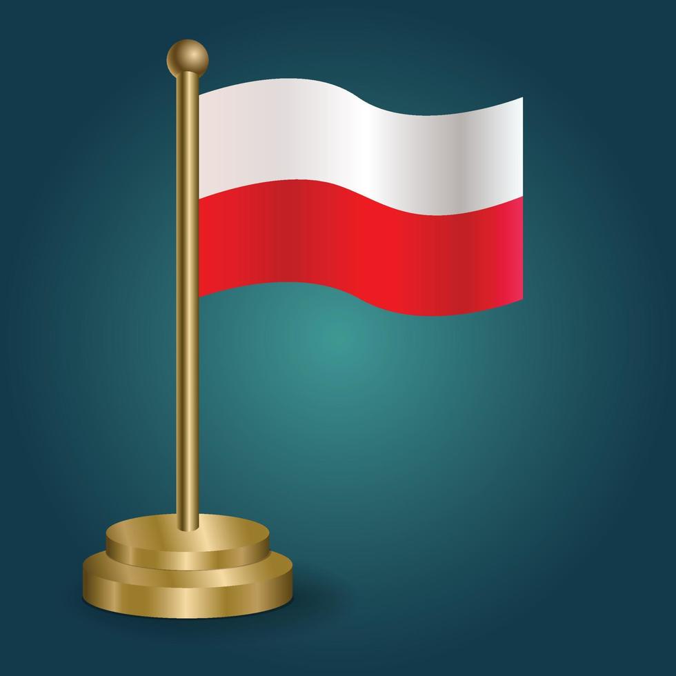 Poland national flag on golden pole on gradation isolated dark background. table flag, vector illustration
