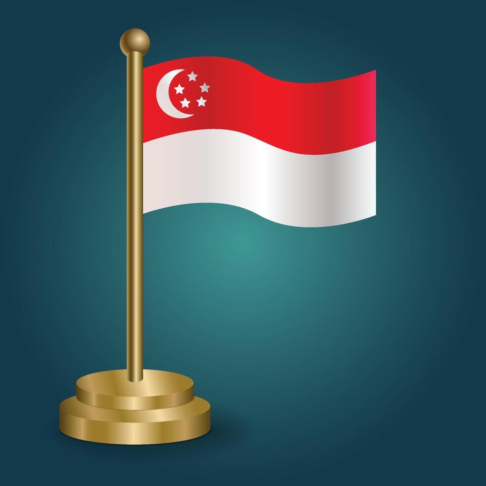 Singapore national flag on golden pole on gradation isolated dark background. table flag, vector illustration