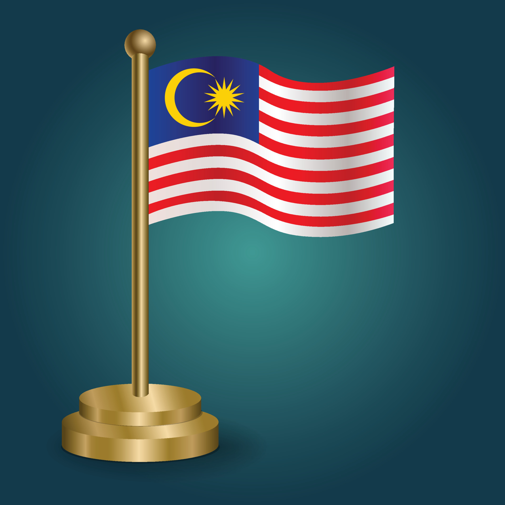 Malaysia National Flag On Golden Pole On Gradation Isolated Dark Malaysia National Flag On Golden Pole On Gradation Isolated Dark