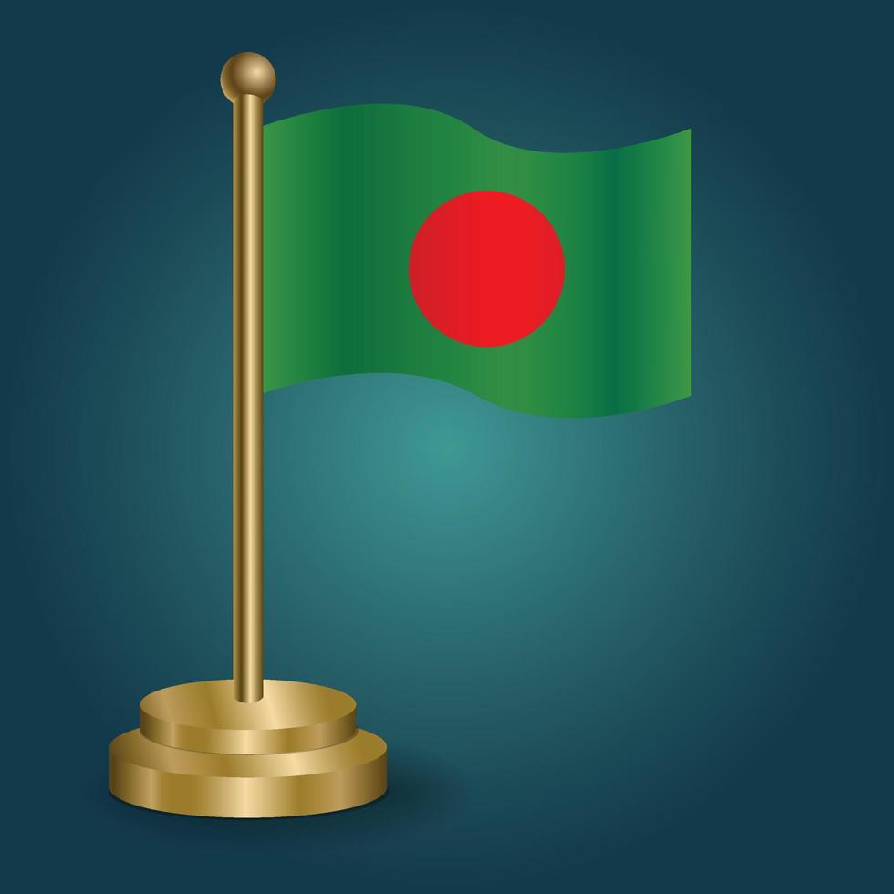 bandera nacional de bangladesh en el poste dorado sobre fondo oscuro aislado de gradación. bandera de mesa, ilustración vectorial vector
