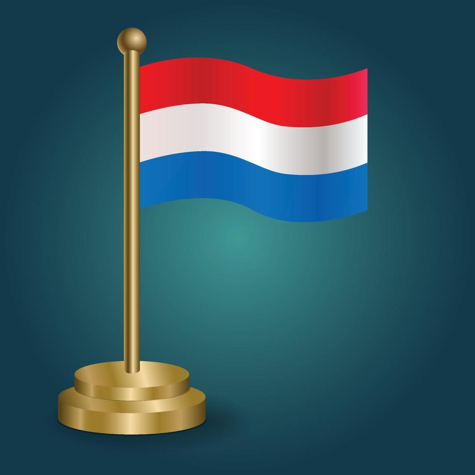 Netherlands national flag on golden pole on gradation isolated dark background. table flag, vector illustration