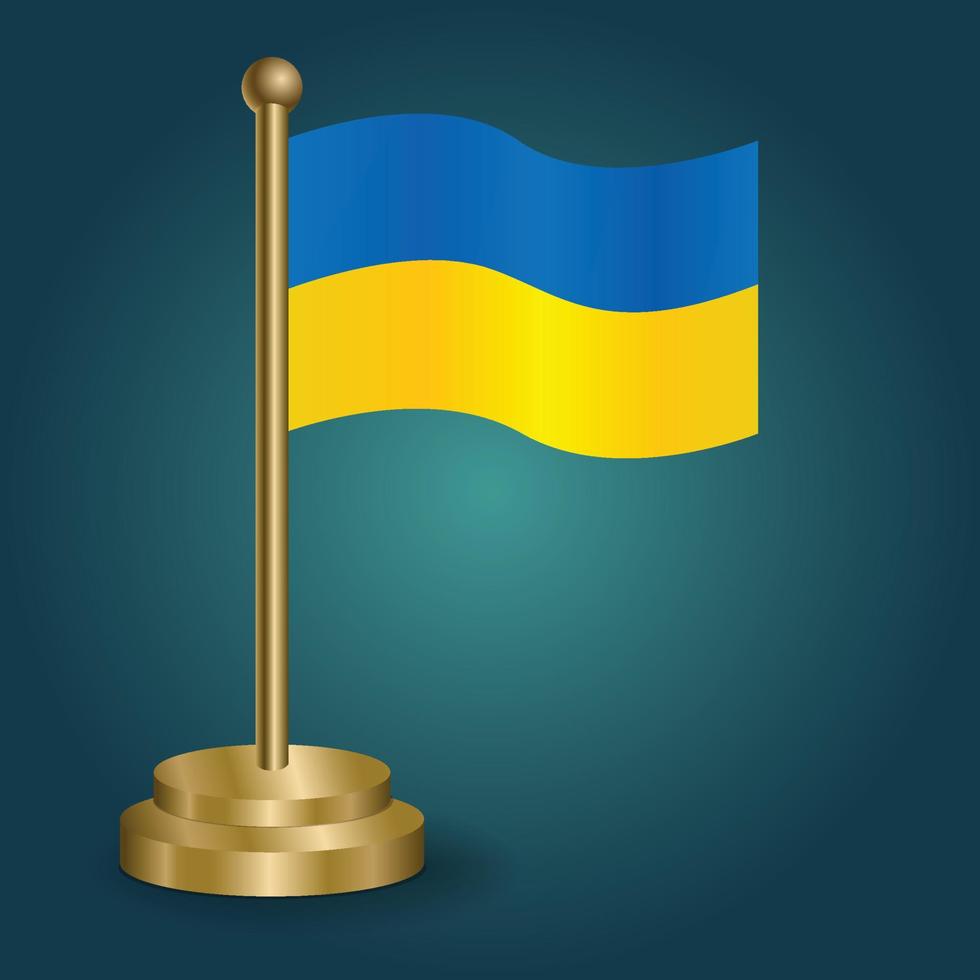 Ukraine national flag on golden pole on gradation isolated dark background. table flag, vector illustration