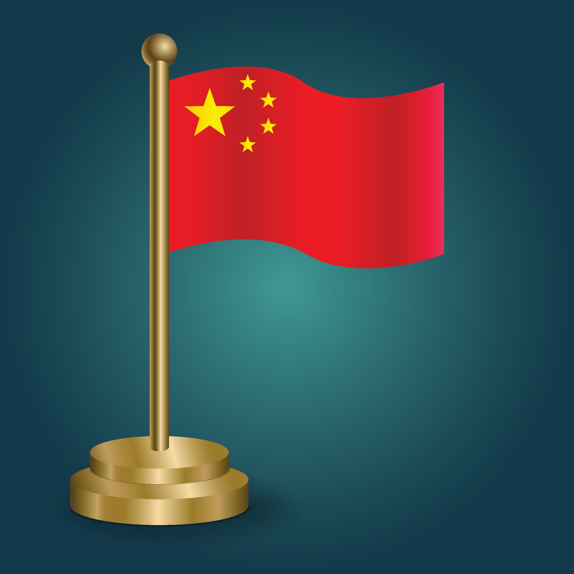 China national flag on golden pole on gradation isolated dark