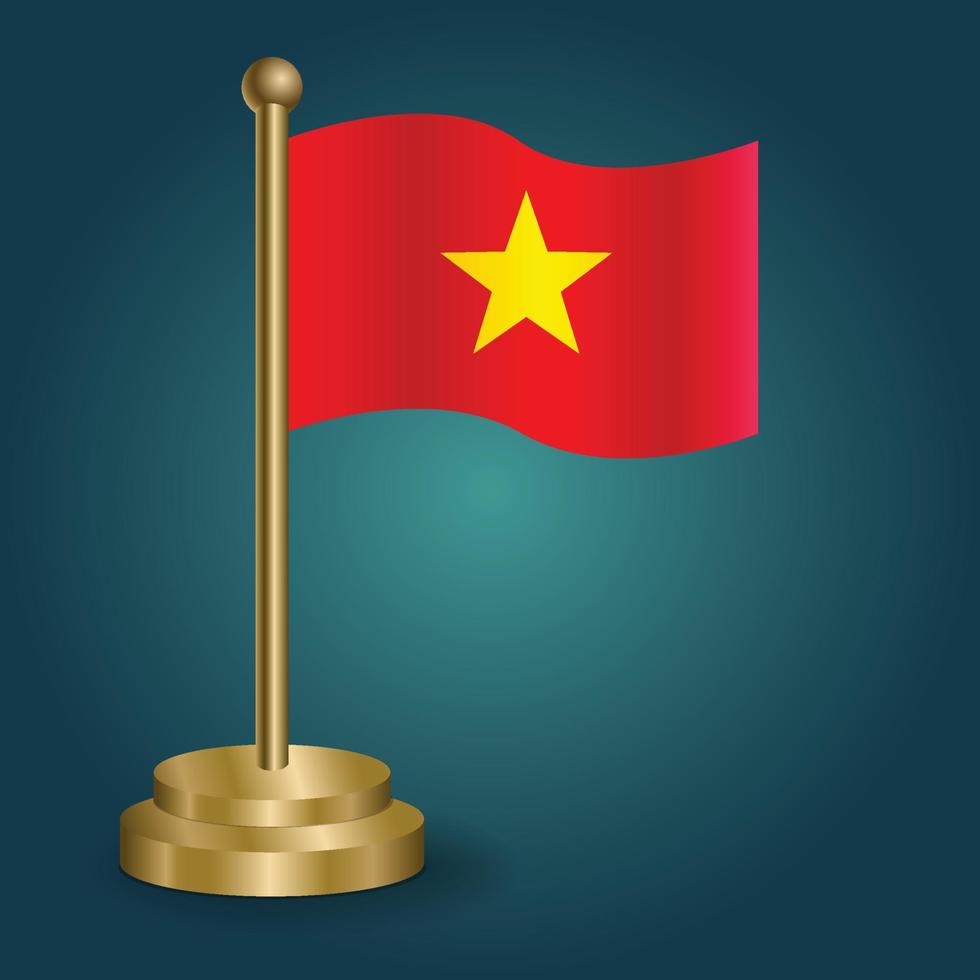 Vietnam national flag on golden pole on gradation isolated dark background. table flag, vector illustration