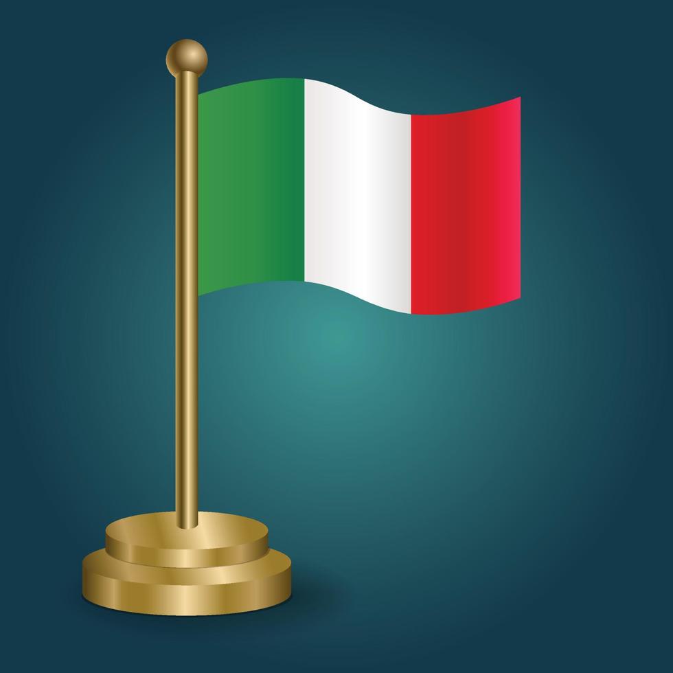 Italy national flag on golden pole on gradation isolated dark background. table flag, vector illustration