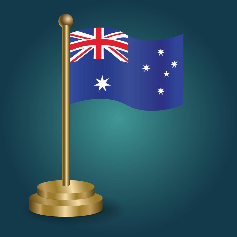 Australia national flag on golden pole on gradation isolated dark background. table flag, vector illustration
