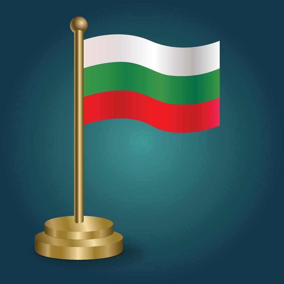 bandera nacional de bulgaria en el poste dorado sobre fondo oscuro aislado de gradación. bandera de mesa, ilustración vectorial vector