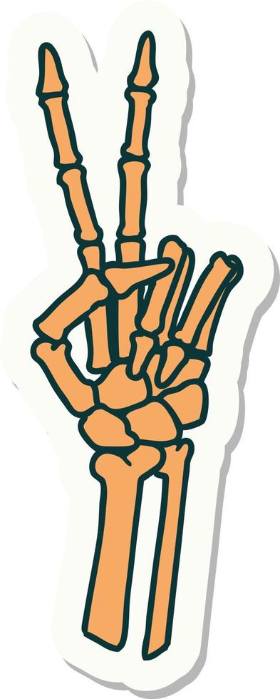 pegatina estilo tatuaje de una mano esquelética dando un signo de paz vector
