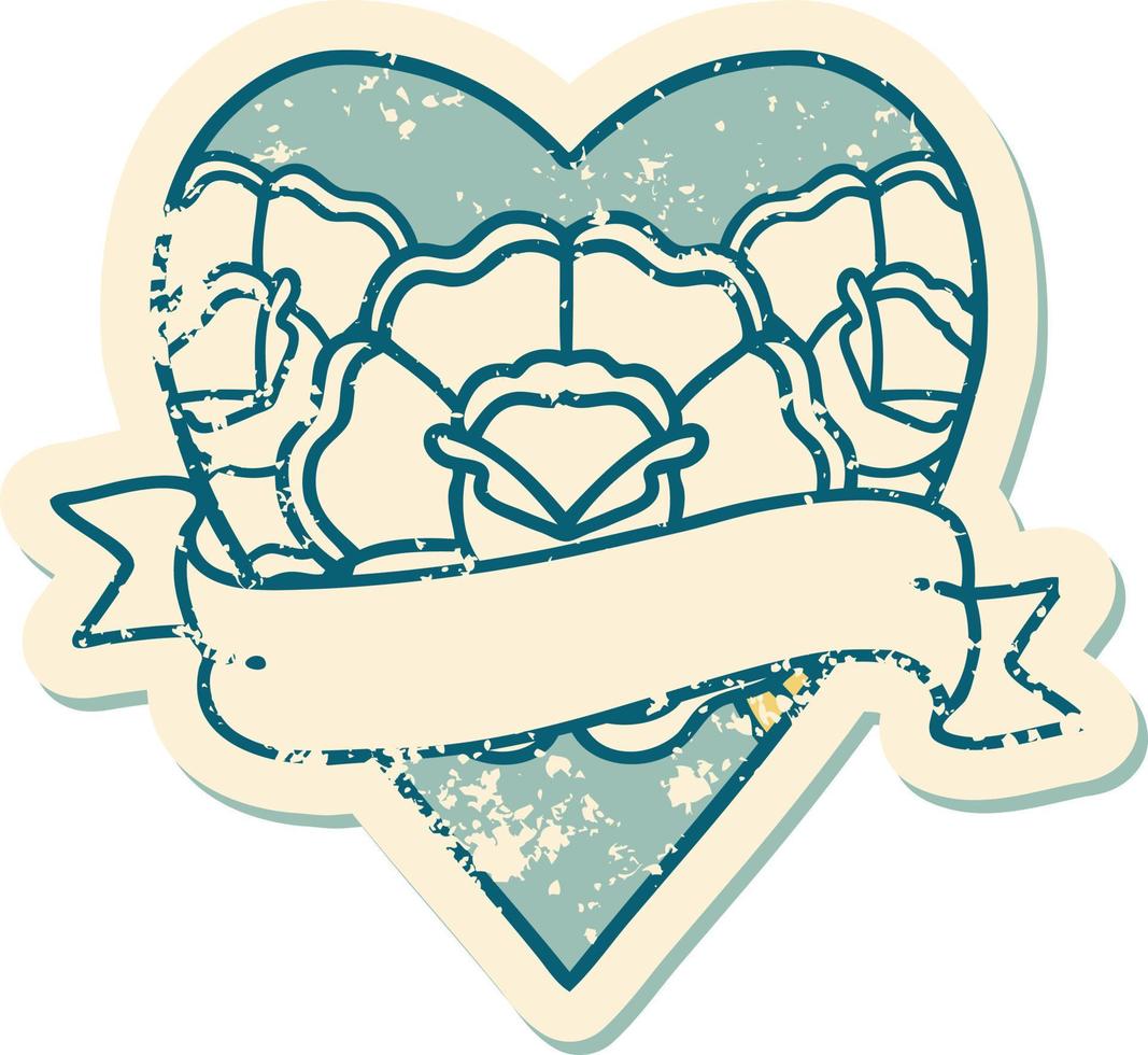 distressed sticker tattoo style icon of a heart and banner with flowers vector
