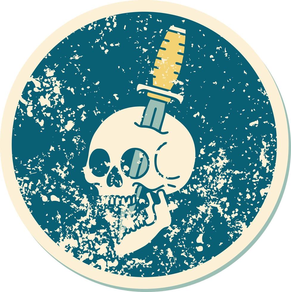 distressed sticker tattoo style icon of a skull and dagger vector
