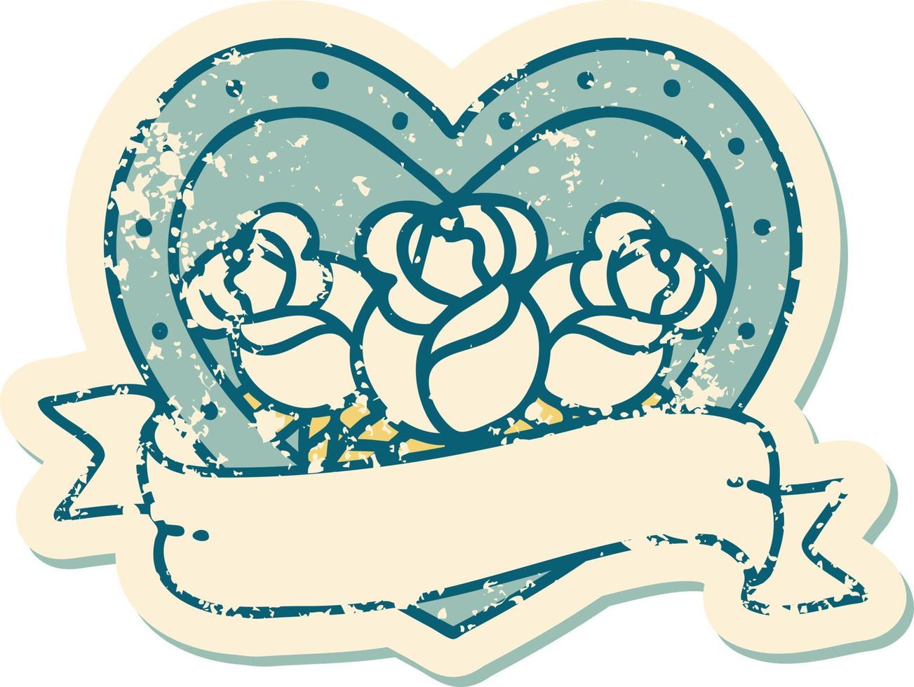 icono de estilo de tatuaje de pegatina angustiado de un corazón y pancarta con flores vector
