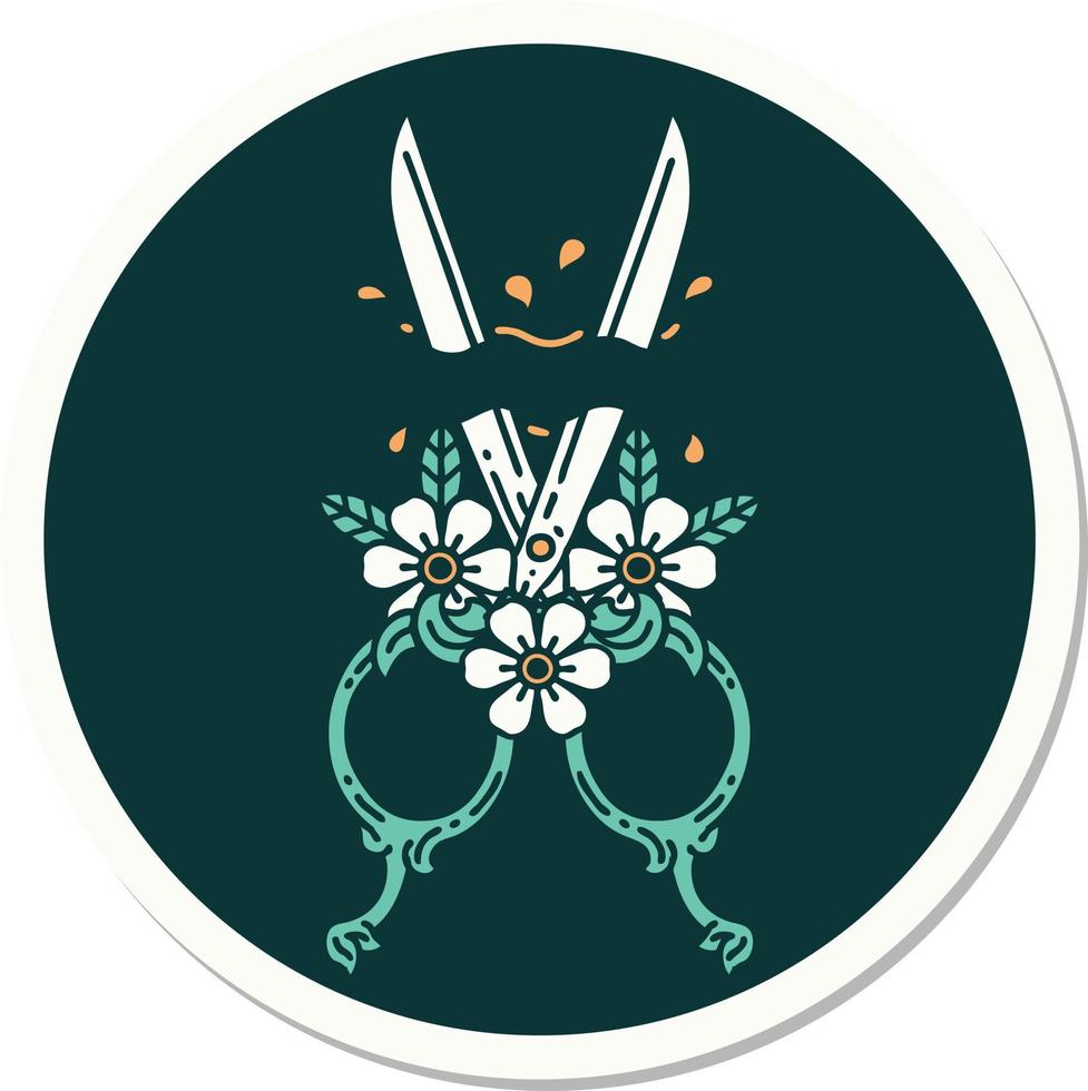 tattoo style sticker of a barber scissors and flowers vector