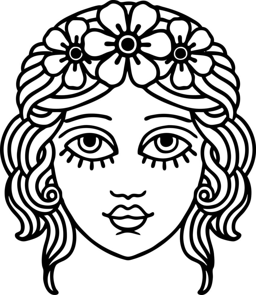 black line tattoo of female face with crown of flowers vector