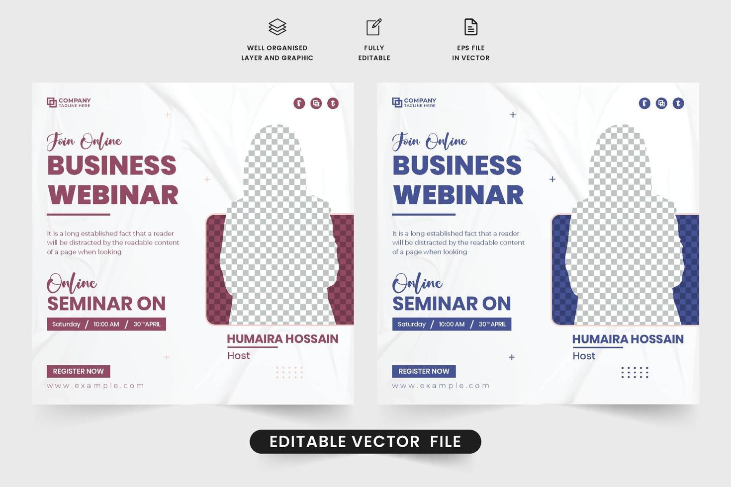 Online web seminar and conference invitation template vector with lavender and blue colors. Business agency webinar template design for digital marketing. Webinar social media post vector.