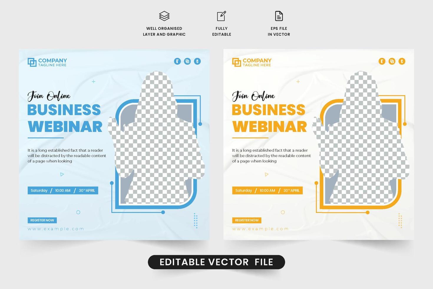 Creative webinar template design for official seminar invitation with yellow and blue colors. Online business promotional web banner for marketing. Business conference webinar social media post. vector